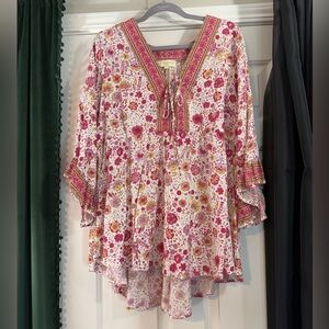 Cynthia Rowley Floral Peasant Top Sz 1X Babydoll Bell Sleeve Cottagecore Pink